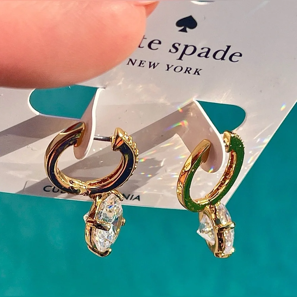 Kate Spade NWT Crystal Drop Gold hoop Huggies Earrings Brilliant CubicZirconia - Picture 6 of 10